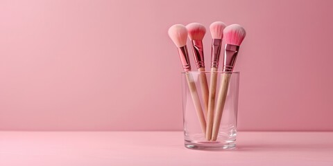 professional makeup brushes in a glass, pink background, horizontal banner for make-up, beauty and cosmetology, free space for text