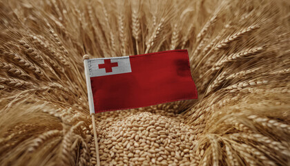Tonga flag on barley grain. Origin of barley, agribusiness of growing barley
