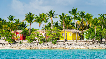 Colorful houses on Catalina beach, dominican republic with palm trees - 748240683