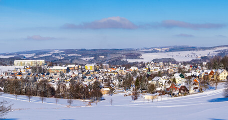 Panorama view Seiffen in Winter Saxony Germany ore mountains - 748240814