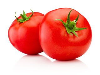 Two ripe red tomatoes vegetables isolated on white background