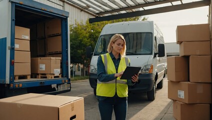 Outside of Logistics Retailer Warehouse With Female Manager Using Tablet Computer, Worker Loading Delivery Truck with Cardboard Boxes, Online Orders, Purchases, E-Commerce Goods, Merchandise