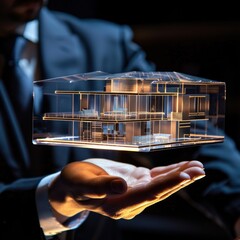 L'hologramme d'une maison d'habitation projeté au dessus d'une main d'un homme. - obrazy, fototapety, plakaty