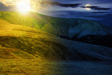 alpine meadow on the top of carpathian mountain range with sun and moon at summer solstice. day and night time change concept. mysterious nature scenery in morning light - obrazy, fototapety, plakaty