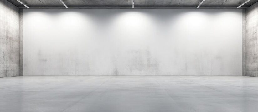 An abstract interior design of a modern large showroom featuring an empty gray concrete floor and a white wall background. Three ceiling lights illuminate the room.