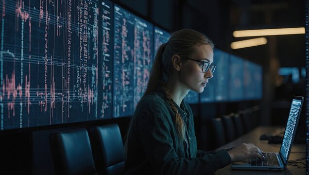 Portrait of Young Woman Working on Laptop Computer, Looking at Big Digital Screen Displaying Back-end Code Lines, Professional Programmer Developing a Big Data Interface Software Project