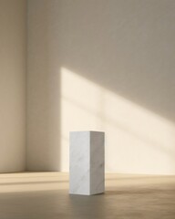 White Marble Cube in an Empty Room with Large Windows
