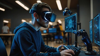 Student Engineer Wearing Virtual Reality Headset Holding Joysticks and Controlling Bionic Limb While Actions Displayed on Screen, Modern Equipment and Computer Science Education in University Concept