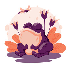 Meditating frog. Deep breath, harmony with nature. Balance and yoga. Vector illustration, handdrawn
