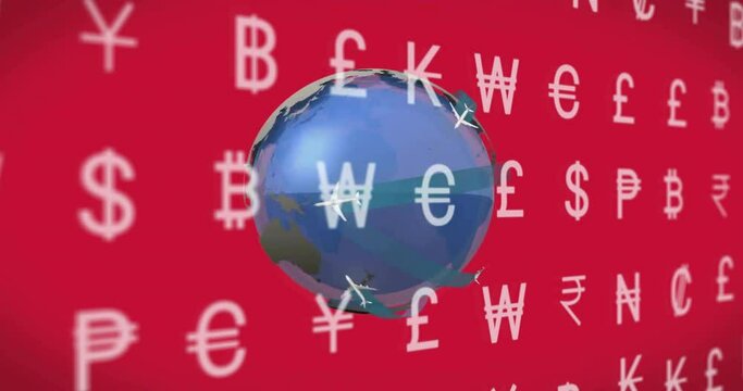 Animation of financial currency symbols over globe