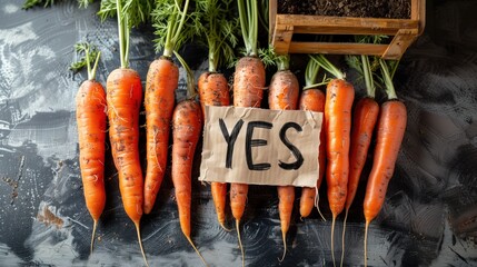 Yes carrots! Carrots with a yes sign! Text YES and carrots. The text on the YES sign. The carrot says YES to you. Say YES to the carrot and you will be happy. And stop talking to the carrot. - obrazy, fototapety, plakaty