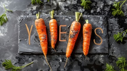 Yes carrots! Carrots with the text YES. Carrots with the tattoo yes. Carrots with the inscription...