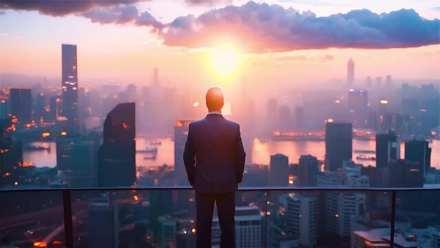  businessman overlooking a city at sunrise