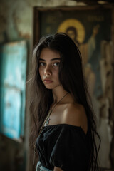 Obraz premium Spiritual Solitude: Young Woman in Old Church 