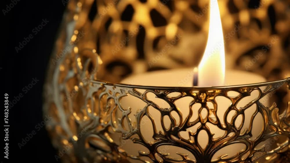 Poster A simple lit candle in a metal holder on a table. Suitable for various themes and concepts.