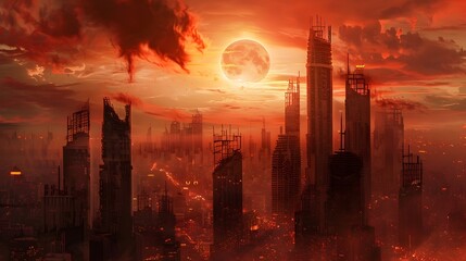 Gothic Futurism Night Cityscape with Red Planet - obrazy, fototapety, plakaty