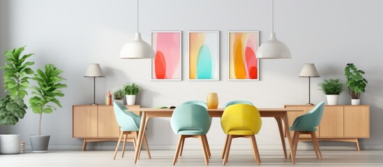 A dining room featuring a wooden table with pastel lamps hanging above it. Yellow, green, and grey chairs surround the table, with a colorful poster displayed on a white wall.