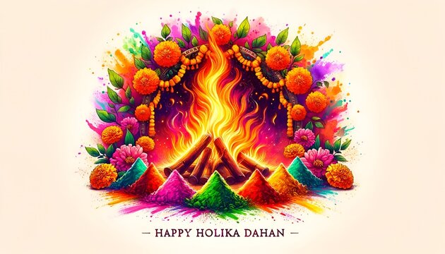 Illustration in watercolor style for holika dahan with a large bonfire and colorful powders.