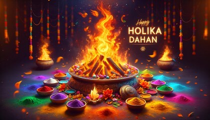 Fototapeta na wymiar Illustration of holika dahan with a bonfire and bowls with colorful powder.