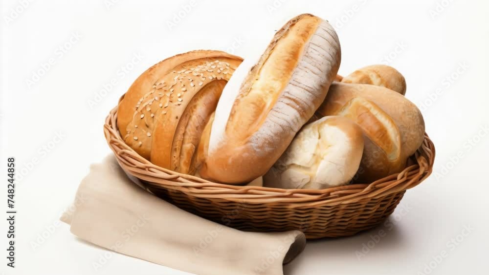 Aufkleber a basket filled with various types of bread next to a napkin. ideal for bakery or picnic concepts.