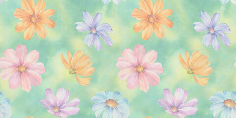 abstract watercolor seamless pattern. Multi-colored flowers on a green background, for packaging design, wallpaper, cards