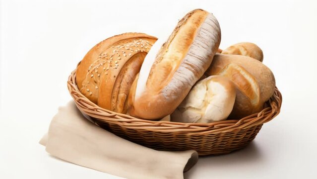 A basket filled with various types of bread next to a napkin. Ideal for bakery or picnic concepts.