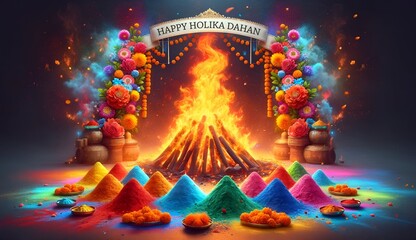 Obraz premium Holika dahan celebration background with a bonfire and colorful powders.