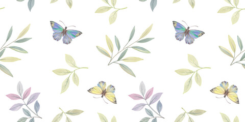 Seamless pattern with watercolor butterflies, branches and leaves