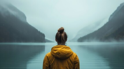 A woman is standing near a lake watching mountains on the mist, travelling and adventure concept.