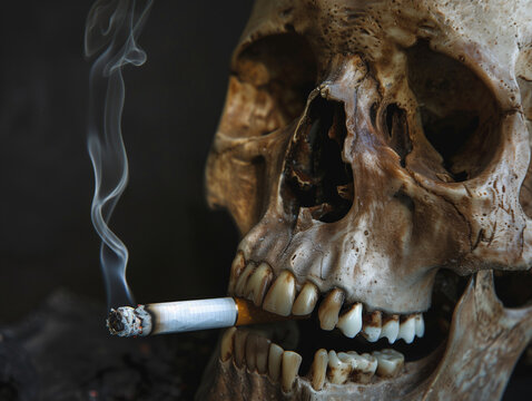 A human skull with a cigarette, smoking kills concept