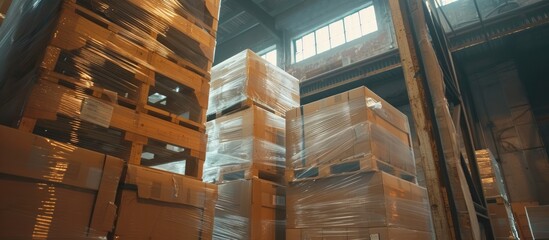 A warehouse is packed with numerous boxes stacked on pallets, wrapped in plastic film, and secured with L shaped pallets and corner protectors. The boxes are arranged neatly, ready for shipment.