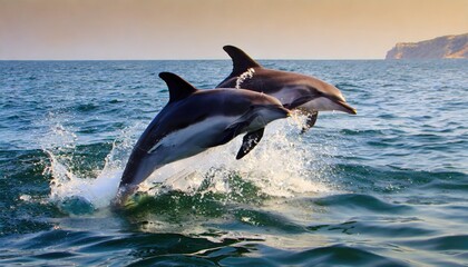 Obraz premium Playful dolphins jump out of the sea. Generated with AI