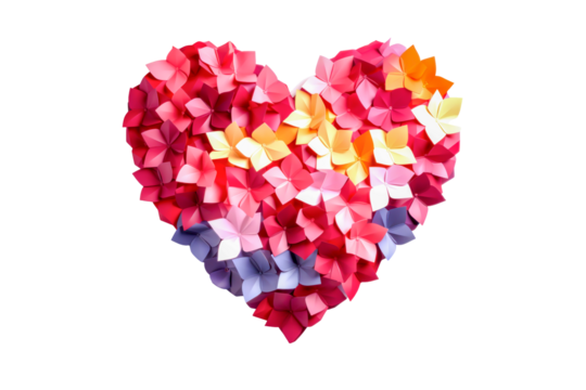 Isolated shape of heart made of intricately folded paper flowers in shades of pink on transparent background, creating vibrant and textured symbol of love and affection, perfect for Valentine's Day