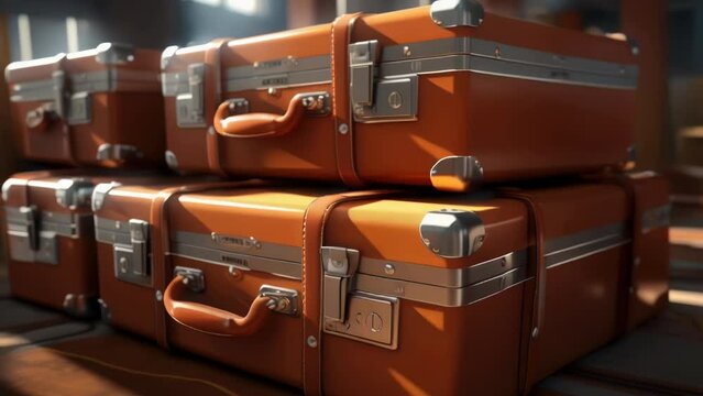A stack of brown suitcases on a wooden table. Great for travel concept.