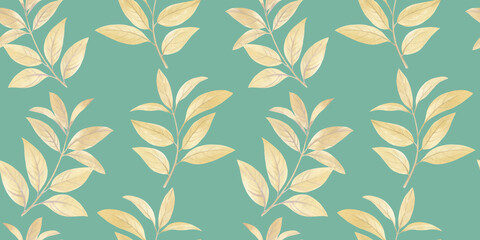 Watercolor leaf surface design. Illustration of drawn branches with leaves for design, summer plants seamless background