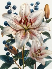 Tranquil White Lilies and Eucalyptus Berries adorned with Pink Drops Generative AI