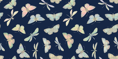 butterflies and dragonflies, seamless pattern, watercolor painting illustration, luxury wallpaper, premium modern design
