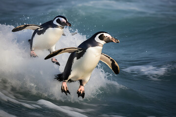 Fototapeta premium sweet couple of penguins gilding in water and enjoying a season 