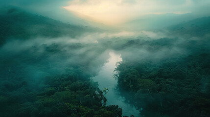 landscape of rainforest with fog from top view - obrazy, fototapety, plakaty