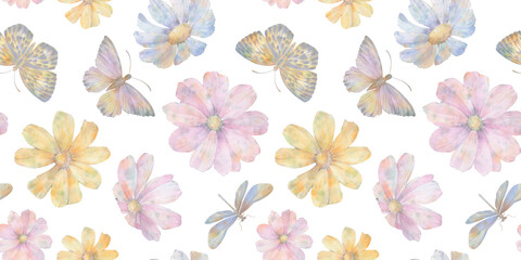 abstract butterfly and dragonfly background, delicate drawn flowers, seamless pattern, watercolor painting illustration, luxury wallpaper, premium modern design
