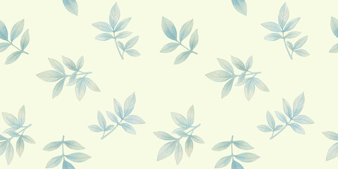 seamless botanical background of leaves, hand-drawn watercolor pattern, abstract illustration for wallpaper and packaging design, leaves on branches collected in an endless ornament