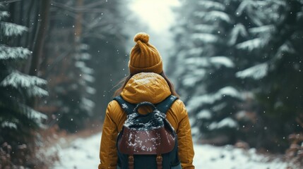 A woman wearing a hat and backpack in a snowy forest, hiking and winter travelling by foot, adventure concept. - obrazy, fototapety, plakaty