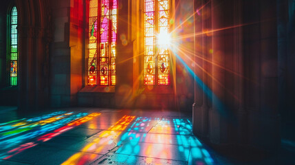 A stained glass window with a cross design, the light streaming through in vibrant colors symbolizing faith and hope