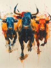 Bulls in Motion: A Vibrant Watercolor Sketch Generative AI