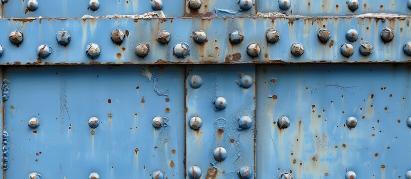 A detailed close-up of a blue metal surface with visible rivets. The texture and shine of the metal and the industrial look of the rivets are prominent in the image.