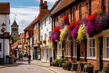 Charming Aylesbury Town Centre Highlighting Historic Pubs and Traditional Cobblestone Streets - obrazy, fototapety, plakaty