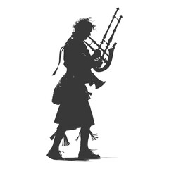 Silhouette Scottish Man Wearing Kilt playing Great Higland Bagpipe black color only