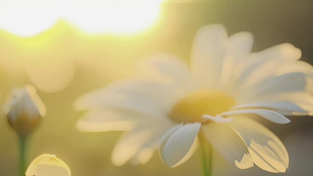 The delicate petals of a daisy with their soft white color glowing in the warm afternoon sun.