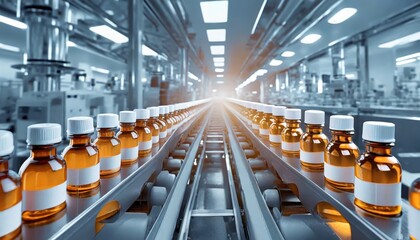 Fototapeta premium row of pills bottle factory conveyor. manufacturing automation production machinery. Generated with AI
