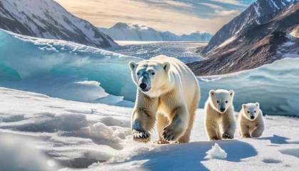 Foto op Canvas A polar bear runs on the snowy surface of a glacier with its two cubs, Generated with AI © maticsandra
